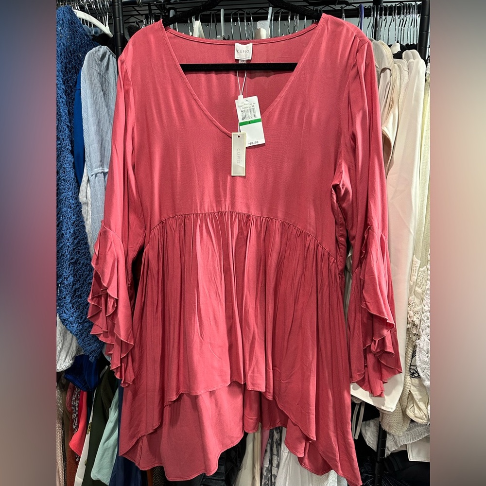 Cupio Coral Flowy Blouse with Ruffle Sleeves